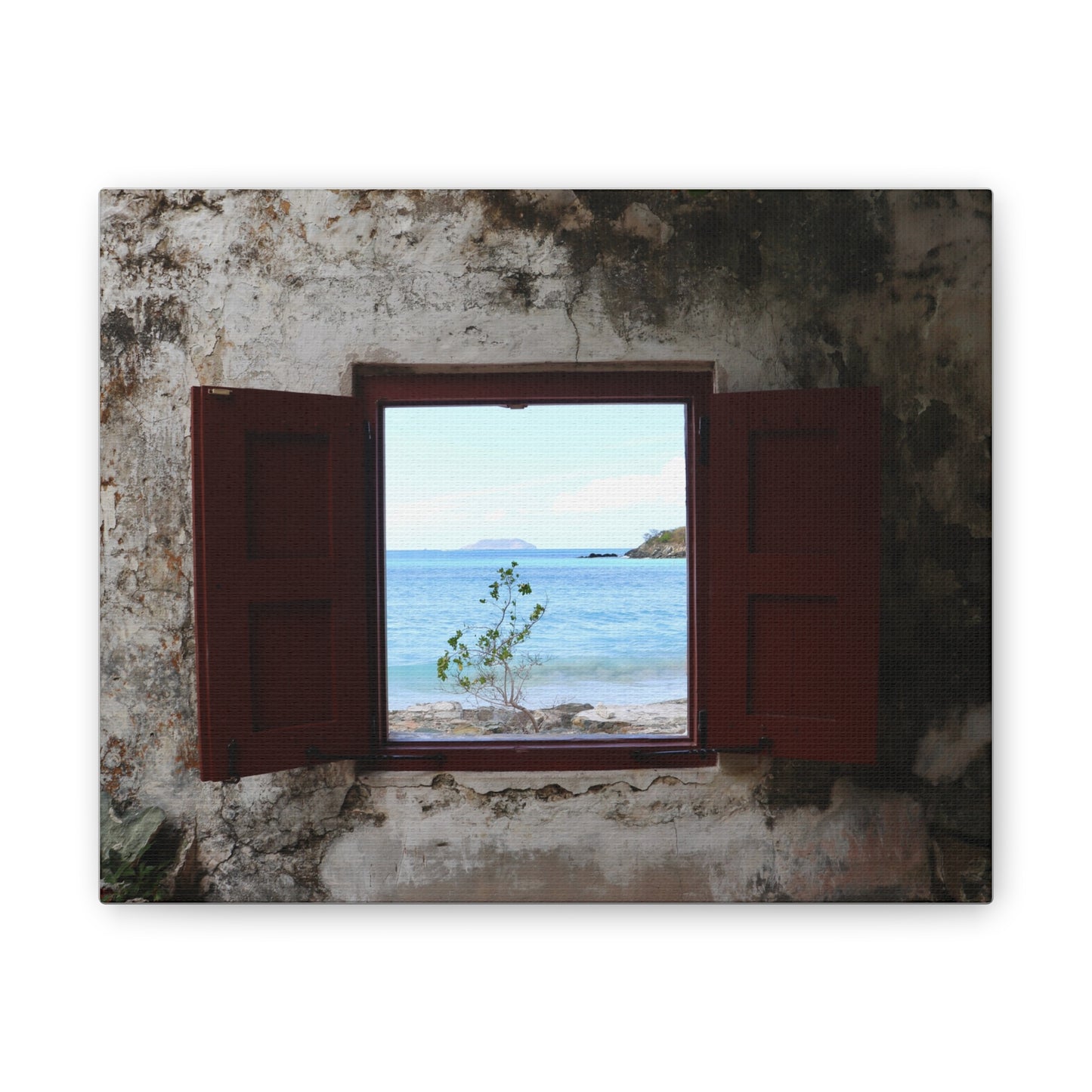 Red Shutters in the Cinnamon Bay Ruins – A Window to Caribbean Serenity