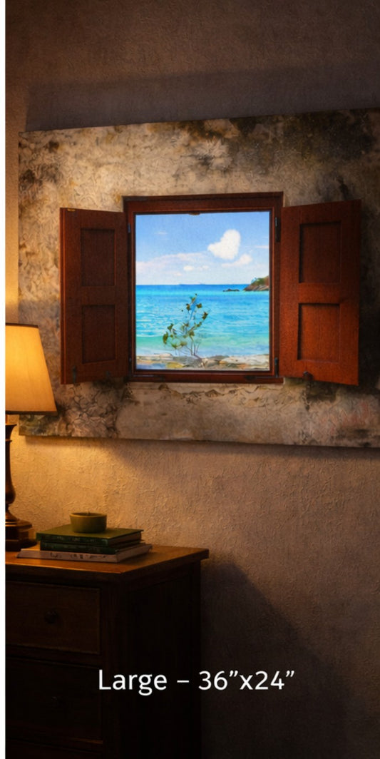 Red Shutters in the Cinnamon Bay Ruins – A Window to Caribbean Serenity