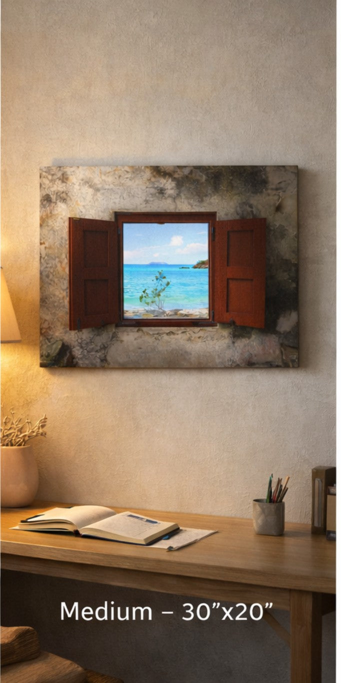 Red Shutters in the Cinnamon Bay Ruins – A Window to Caribbean Serenity