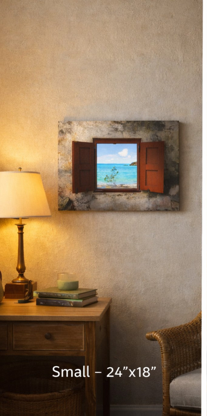 Red Shutters in the Cinnamon Bay Ruins – A Window to Caribbean Serenity
