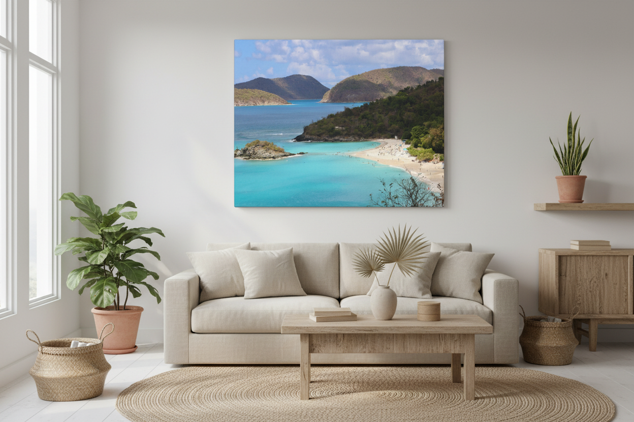 Serene Coastal Living Room with Your Trunk Bay Canvas